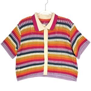 Maaji Paradiso Knit Crochet Button Shirt Collared Multi Color Stripe  M NEW